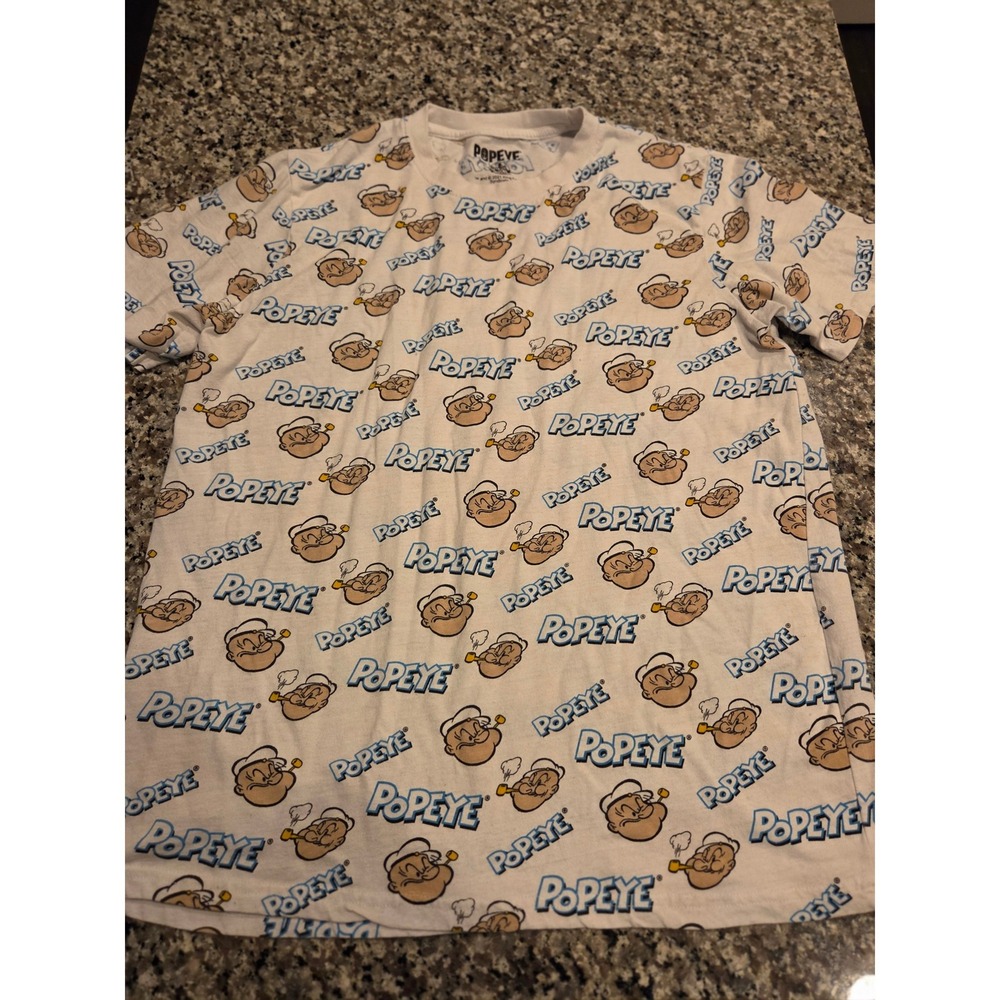 Popeye T-Shirt Mens XL Gray All Over Print Short Sleeve Crew Neck Cotton Blend
